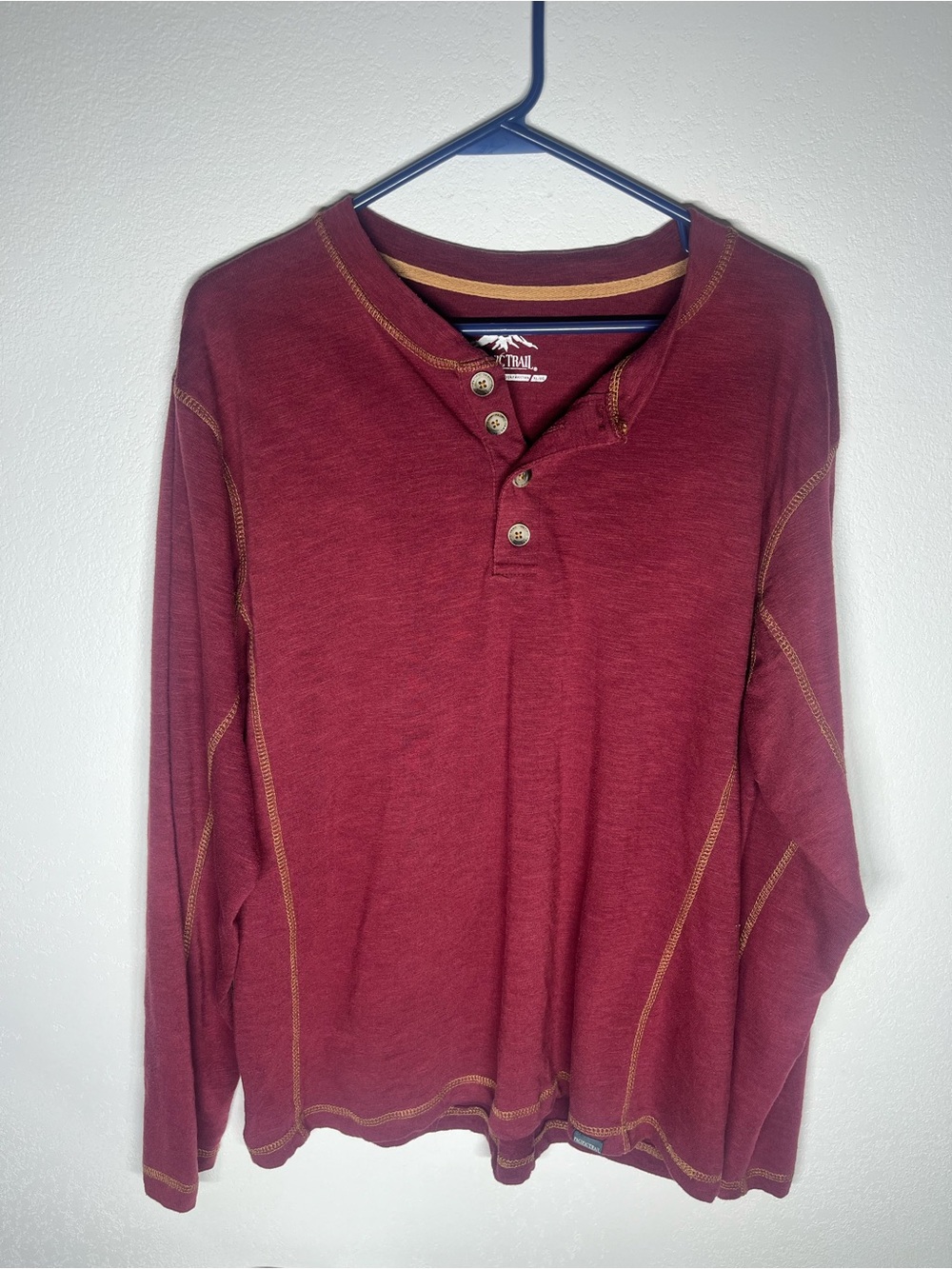 Pacific Trail Burgundy Long-Sleeve Henley with Contrast Stitching